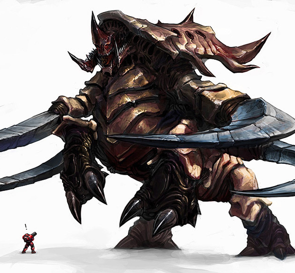 Concept art d’une unité de StarCraft face à un marine